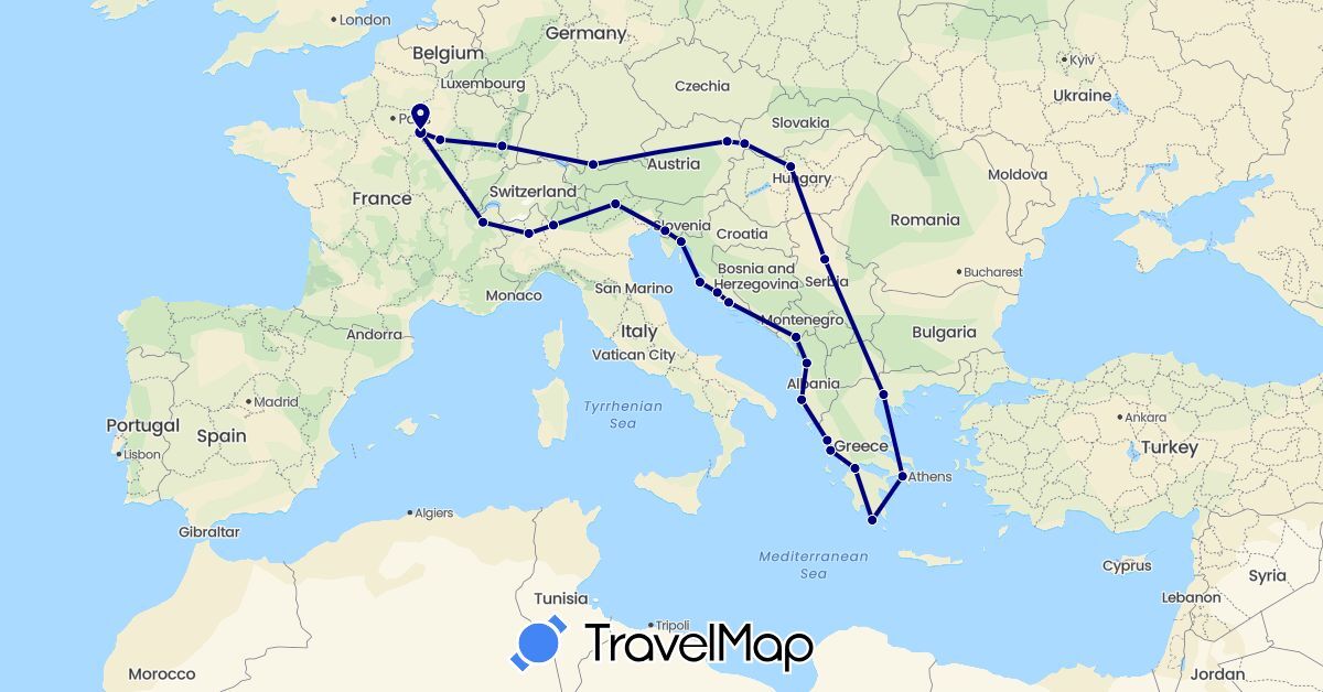TravelMap itinerary: driving in Albania, Austria, Germany, France, Greece, Croatia, Hungary, Italy, Montenegro, Serbia, Slovakia (Europe)